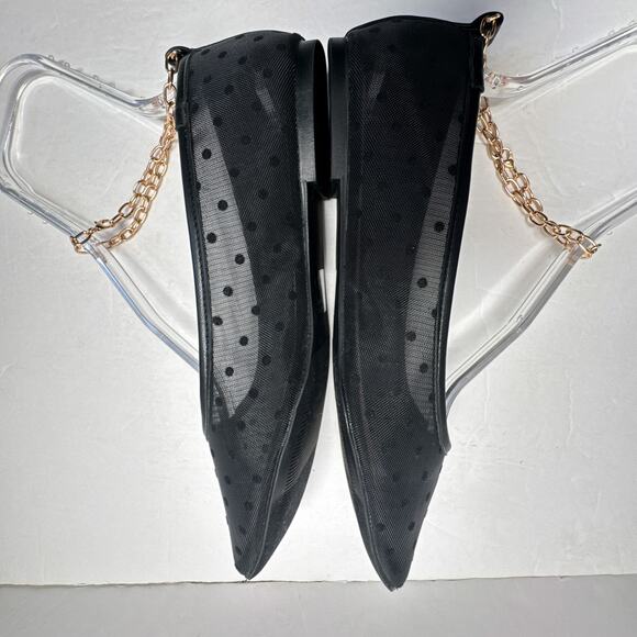 LOFT Black Dotted Mesh Ballet Flats Gold Chain Ankle Strap Women’s 11M - Picture 8 of 12
